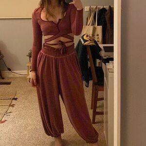 Urban Outfitters two piece cropped tie up lounge set in Burgundy. Out from Under